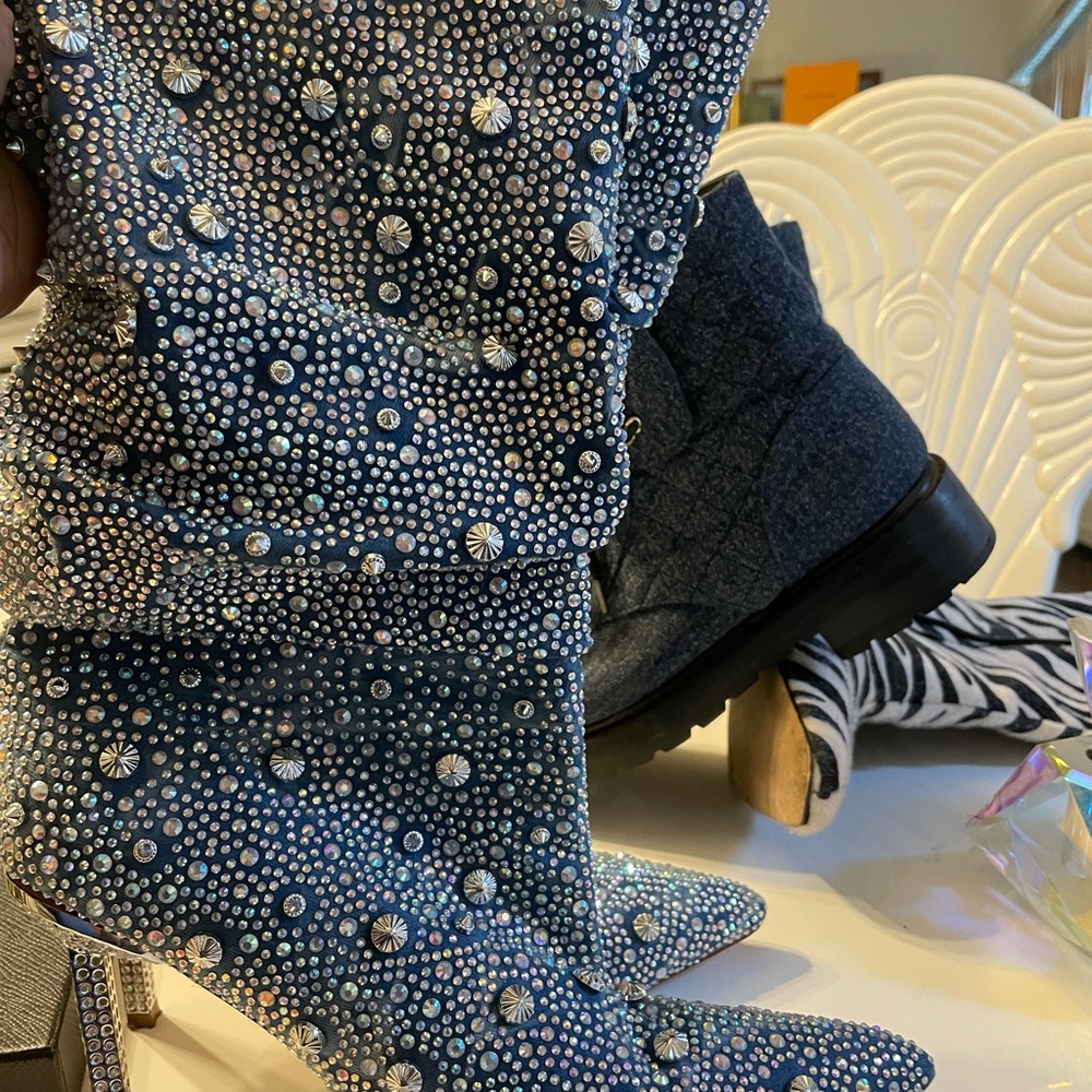 Crystal-Embellished Blue Women's Boots